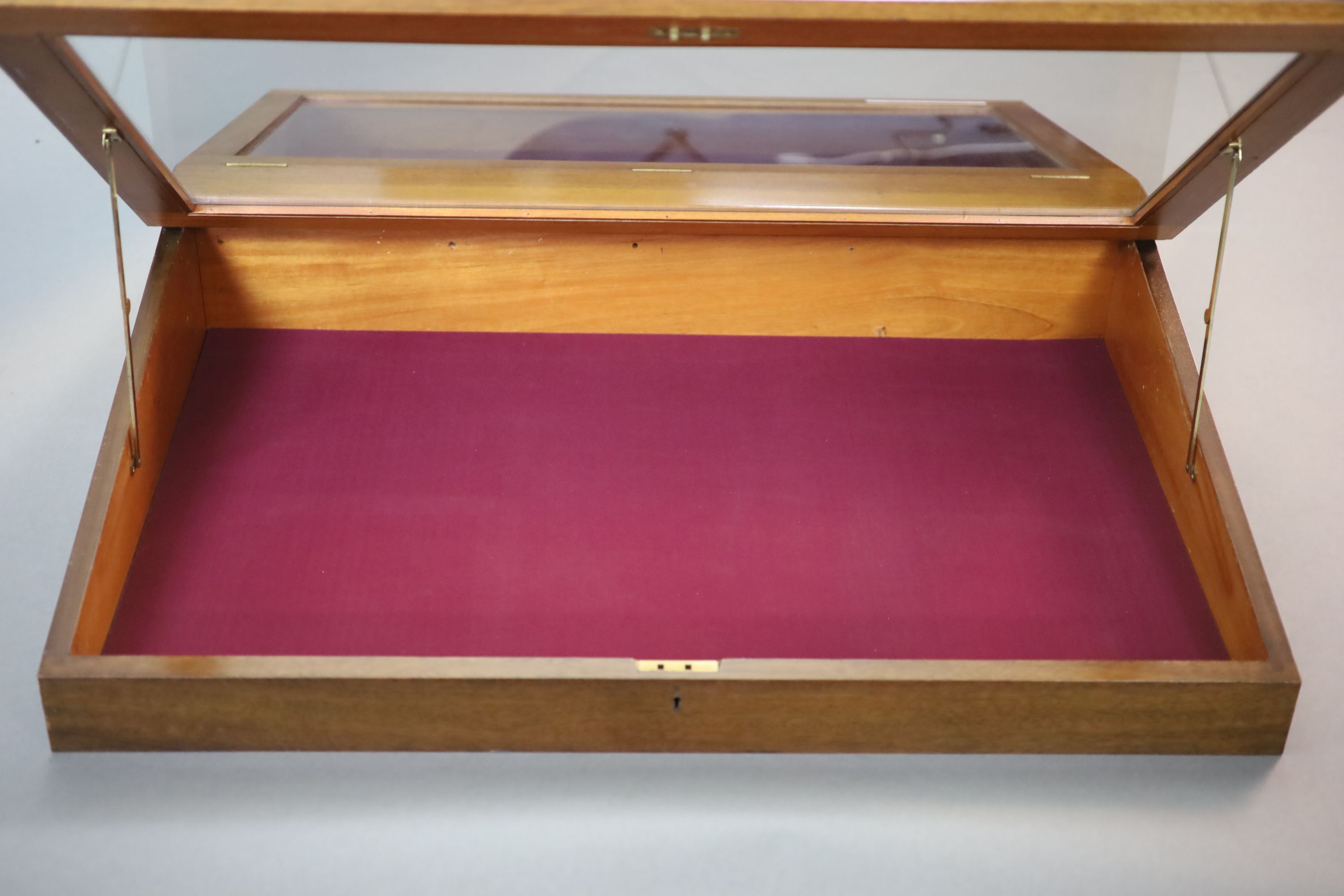 A 20th century teak table top double display case, from the Library of the Royal College of Surgeons, length 125cm width 102cm height 23cm